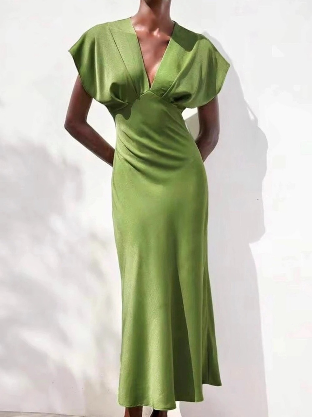 Zara Satin V-Neck Midi Dress Green